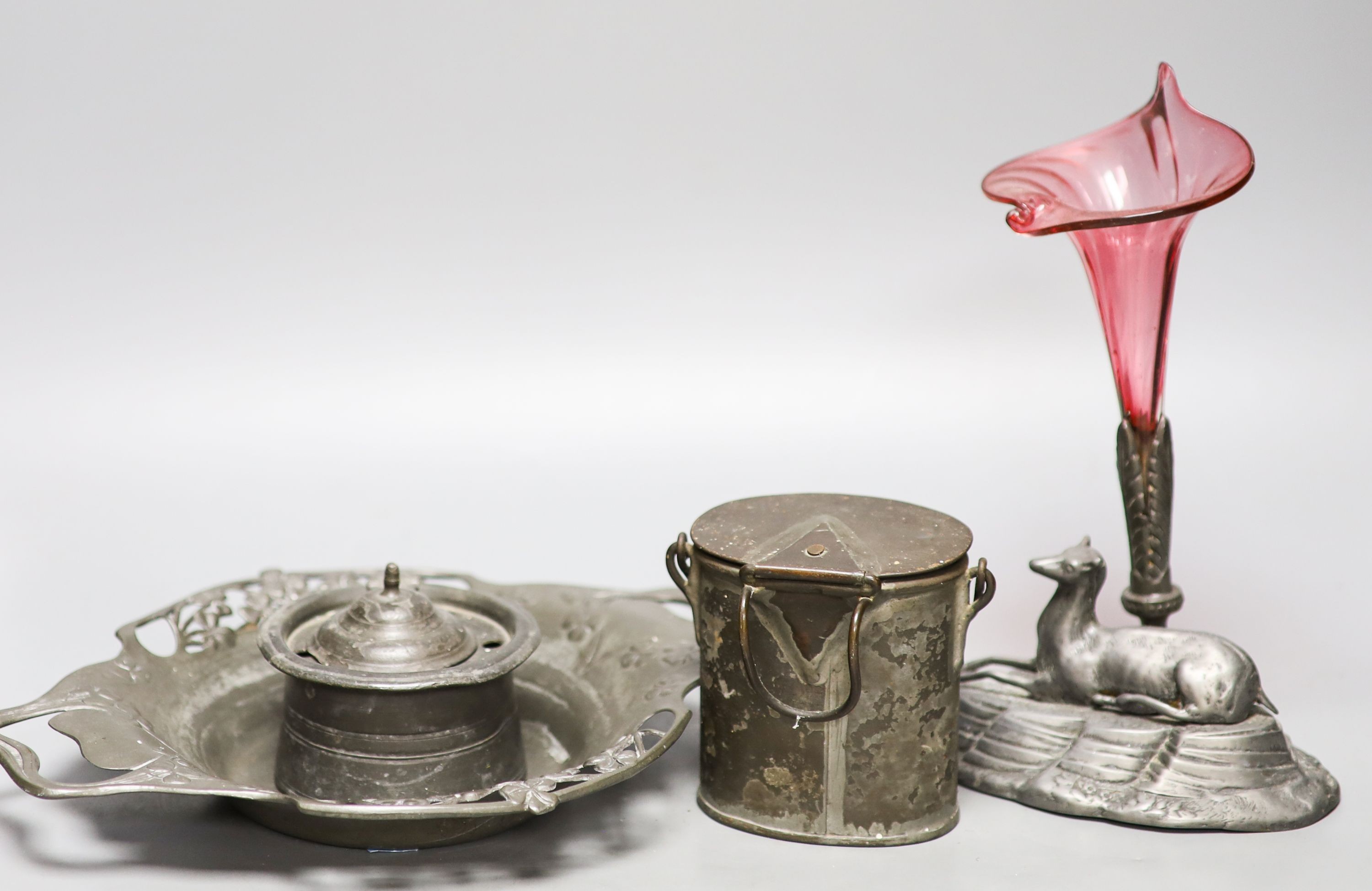 A Victorian epergne, WMF dish and a pewter inkwell etc.